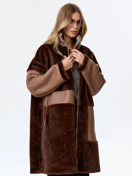 Женское полупальто из натуральной овчины с норковым воротником премиум класса 2038, коричневое, размер 46, артикул 64260-5