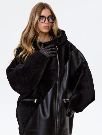 Женская дубленка оверсайз с капюшоном премиум класса 2055, черная, размер 48, артикул 62450-0