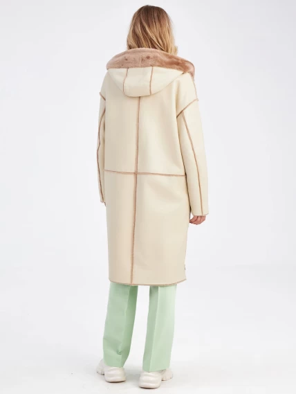 Женское полупальто с капюшоном из натуральной овчины премиум класса 2037, бежевое, размер 54, артикул 63860-6