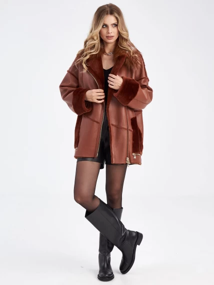 Короткая дубленка оверсайз с воротником лисицы премиум класса для женщин 2042, виски, размер 42, артикул 63190-4