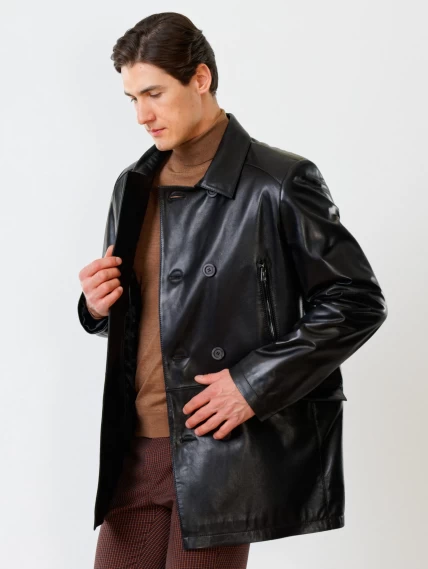 Двубортный мужской кожаный бушлат премиум класса 538, черный, размер 58, артикул 28670-1