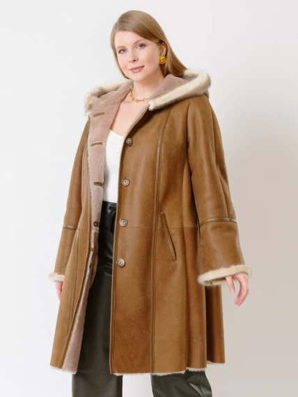 Женская дубленка с капюшоном и отделкой из меха норки 225у, бежевая, размер 50, артикул 14840-6