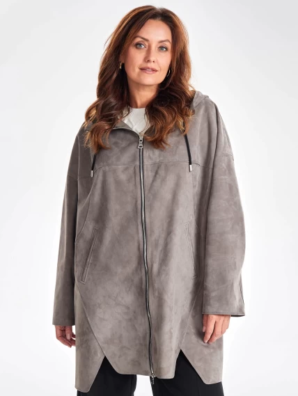 Женское замшевое полупальто оверсайз с капюшоном премиум класса 3059з, серое, размер 52, артикул 64050-4