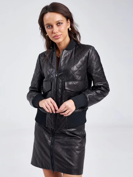 Кожаный стеганый женский бомбер премиум класса 3042, черный, размер 50, артикул 23250-1