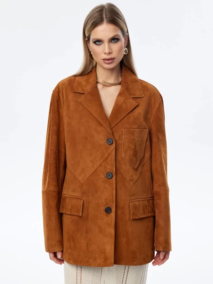 Стильный удлиненный замшевый женский пиджак премиум класса 3069з, виски, размер 44, артикул 23840-1