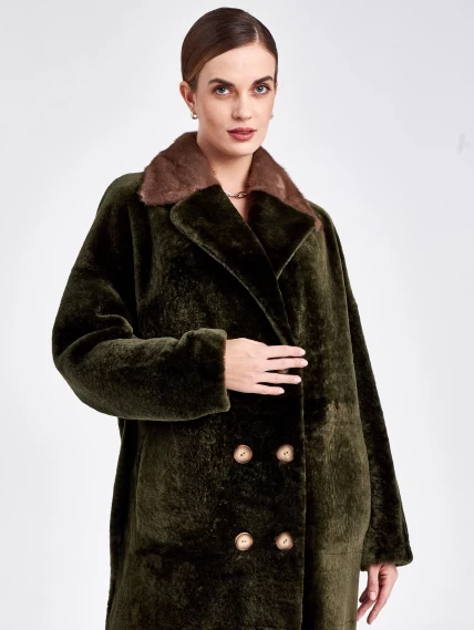 Двубортная двусторонняя женская дубленка из астрагана с мехом норки премиум класса 2017, хаки, размер 48, артикул 62750-0