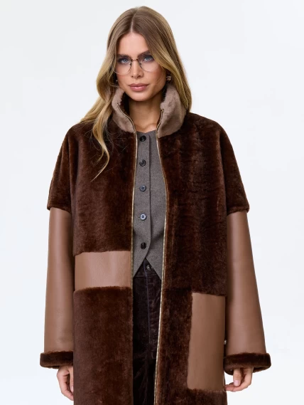Женское полупальто из натуральной овчины с норковым воротником премиум класса 2038, коричневое, размер 46, артикул 64260-1