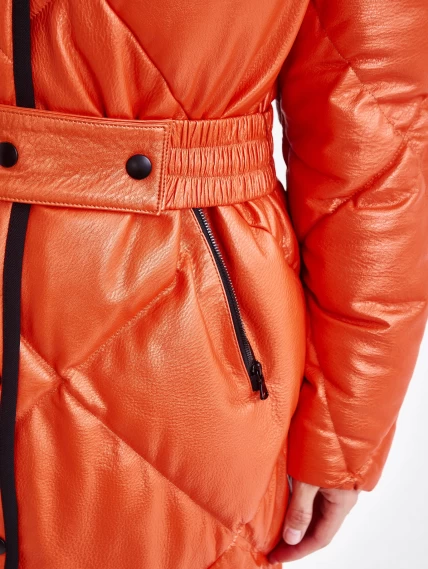Длинный женский кожаный пуховик с капюшоном премиум класса 3026, оранжевый, размер 50, артикул 25350-2