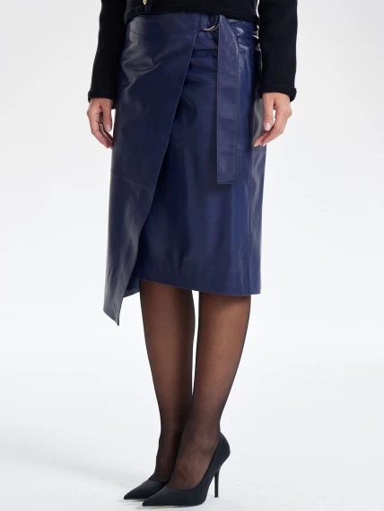Кожаная юбка миди с запахом 07, синяя, размер 48, артикул 85371-2