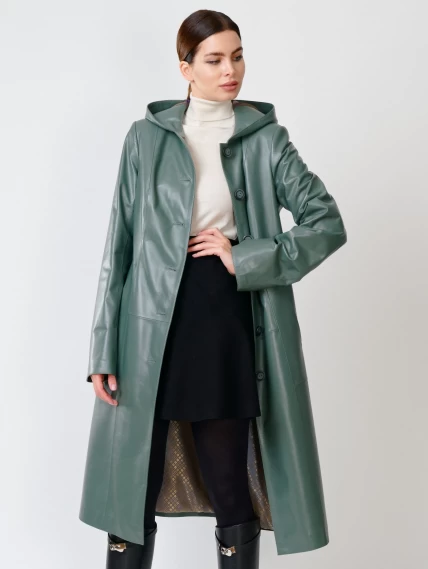 Кожаный женский утепленный плащ с капюшоном 380нш, размер 50, оливковый, артикул 91391-1