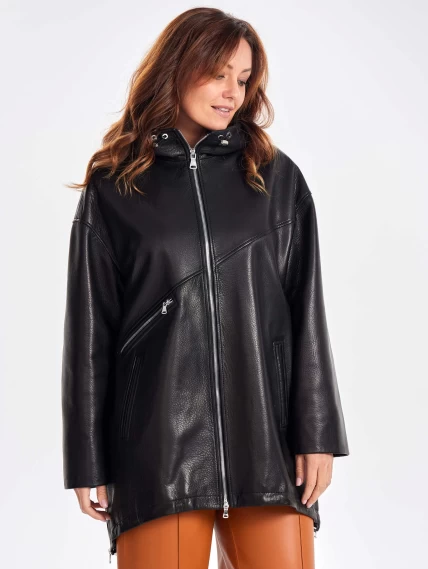 Кожаный женский плащ оверсайз на молнии с капюшоном премиум класса 3054, черный, размер 48, артикул 23490-1