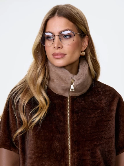 Стильная женская дубленка с норковым воротником премиум класса 2038, коричневая, размер 46, артикул 62440-3