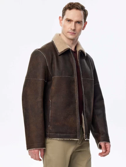 Короткая дубленка из овчины керли премиум класса для мужчин 140, коричневая, размер 44, артикул 71510-2