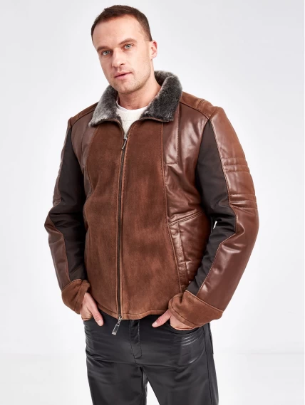Комбинированная короткая мужская дубленка 40072, коричневый, размер 50, артикул 71230-0