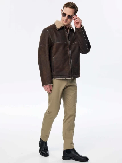 Короткая дубленка из овчины керли премиум класса для мужчин 140, коричневая, размер 44, артикул 71510-1