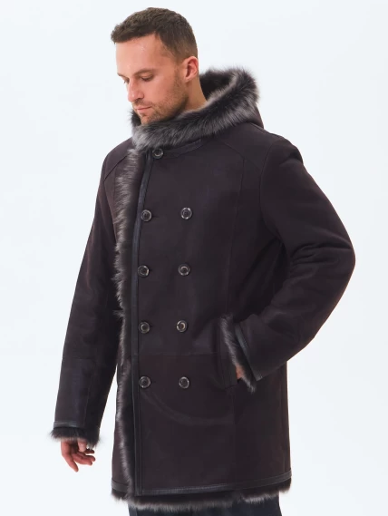 Двубортная мужская дубленка из тосканы с капюшоном премиум класса 415, коричневая, размер 56, артикул 71600-5