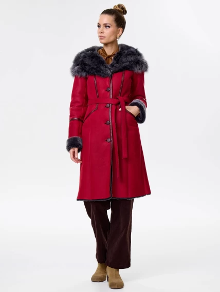 Женская дубленка с капюшоном из тосканы 263, красная, размер 54, артикул 61931-5
