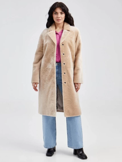 Классическая длинная женская дубленка из астрагана премиум класса 55мех, бежевая, размер 54, артикул 13460-5