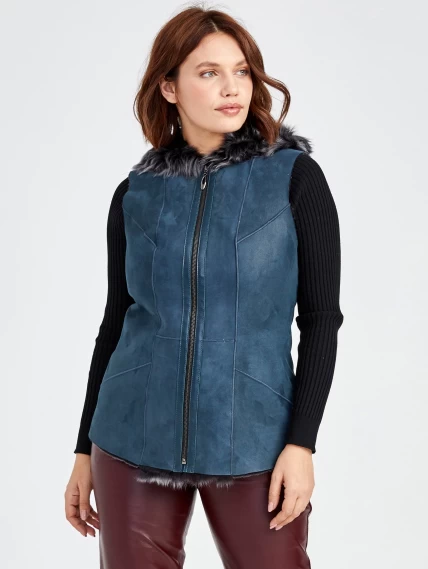 Демисезонный комплект женский: Меховой жилет 03(К) + Брюки 02, синий/бордовый, р. 48, арт. 111224-3