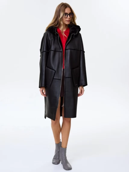 Женское полупальто с капюшоном из натуральной овчины премиум класса 2052, черное, размер 52, артикул 64290-4