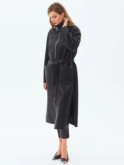 Длинный женский кожаный плащ премиум класса 3082, черный, размер 46, артикул 24560-4