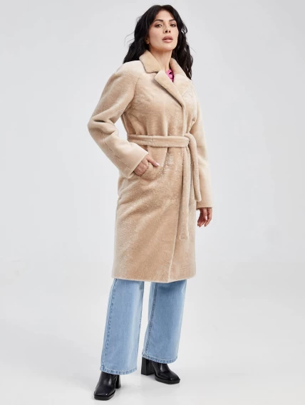 Классическая длинная женская дубленка из астрагана премиум класса 55мех, бежевая, размер 54, артикул 13460-3