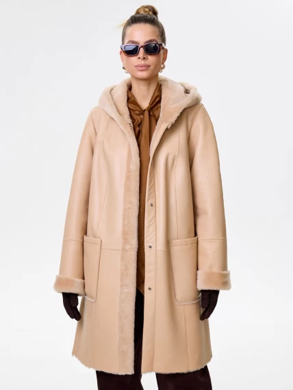 Женская классическая дубленка с капюшоном премиум класса 2004, бежевая, размер 54, артикул 62840-4