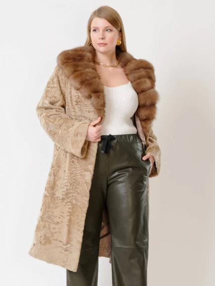 Зимний комплект женский: Шуба из каракуля Екатерина(вк) + Брюки 06, жемчужный/оливковый, р. 54, арт. 111327-2