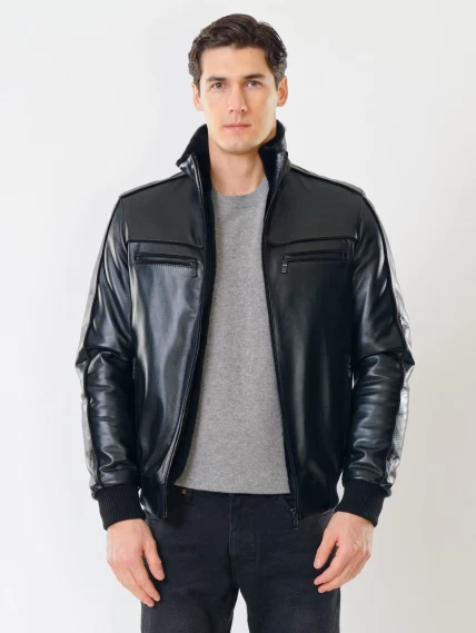 Мужская зимняя кожаная куртка на подстежке из овчины 515, черная, размер 50, артикул 40841-2