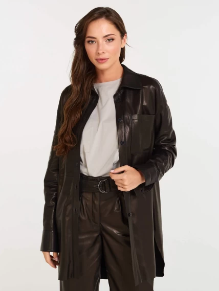 Кожаная женская рубашка с поясом из натуральной кожи 01_2, черная, размер 46, артикул 90532-6