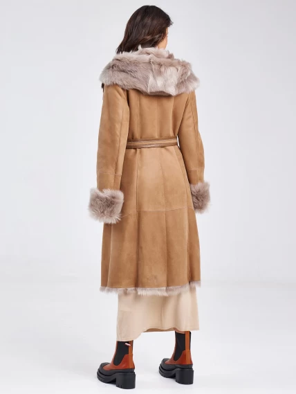 Женское пальто из натуральной овчины с капюшоном 132, бежевое, размер 44, артикул 62860-6