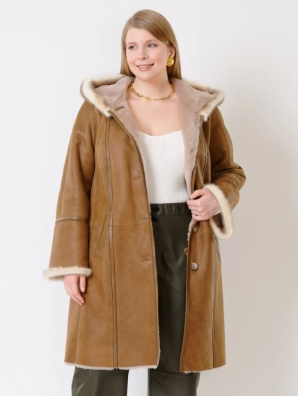 Женская дубленка с капюшоном и отделкой из меха норки 225у, бежевая, размер 50, артикул 14840-0