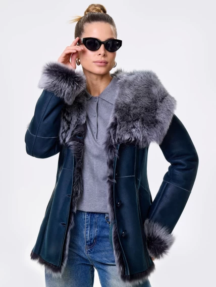 Короткая женская дубленка из тосканы с капюшоном 122, синяя, размер 44, артикул 14871-6