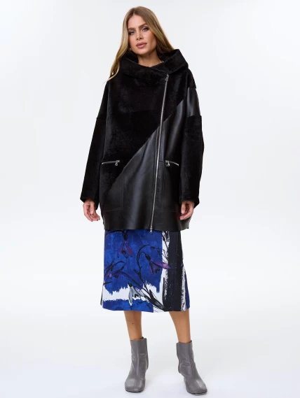 Женское полупальто оверсайз из натуральной овчины с капюшоном премиум класса 2055, черное, размер 48, артикул 64270-4