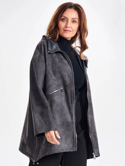 Замшевый женский плащ оверсайз на молнии с капюшоном премиум класса 3053з, темно-серый, размер 48, артикул 23480-6