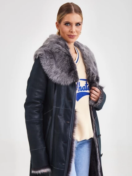 Женское пальто из натуральной овчины с капюшоном 132, синее, размер 44, артикул 64090-1