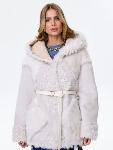 Женское полупальто из натуральной овчины с мехом тиградо премиум класса 2027, белое, размер 44, артикул 64410-0