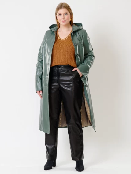 Кожаный женский утепленный плащ с капюшоном 380нш, оливковый, размер 50, артикул 91280-6
