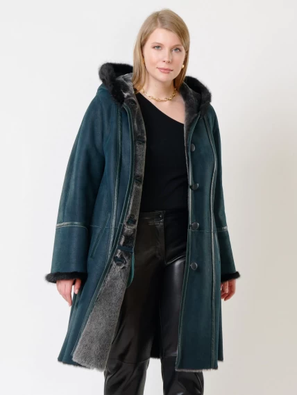 Женская дубленка с капюшоном и отделкой из меха норки 225у, синяя, размер 58, артикул 14860-0