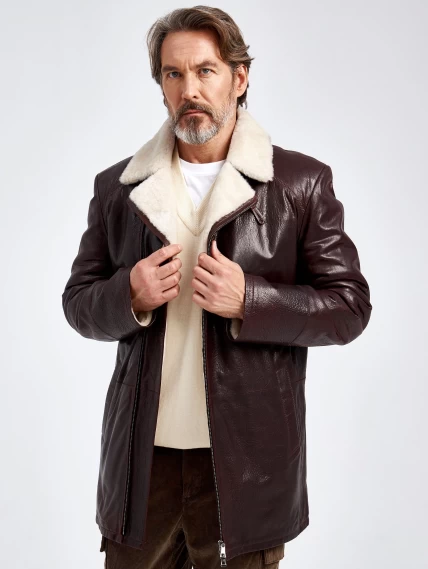 Зимняя мужская кожаная куртка на подкладке из овчины 5449, коричневая, размер 46, артикул 40620-0