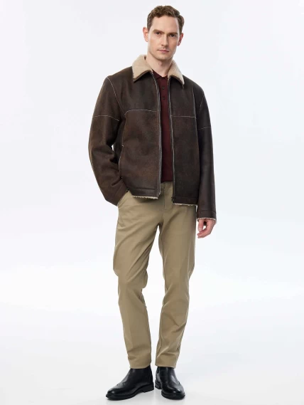 Короткая дубленка из овчины керли премиум класса для мужчин 140, коричневая, размер 44, артикул 71510-6