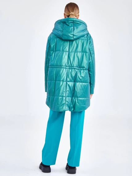 Кожаный женский пуховик оверсайз с капюшоном премиум класса 3021, зеленый, размер 48, артикул 25320-6