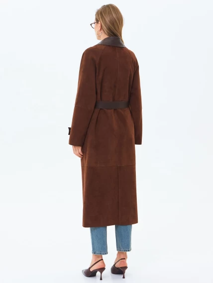 Длинный женский замшевый плащ премиум класса 3083з, коньячный, размер 48, артикул 24550-5