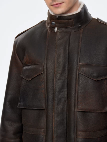 Дубленка мужская с капюшоном премиум класса 433, коричневая, размер 50, артикул 70751-2