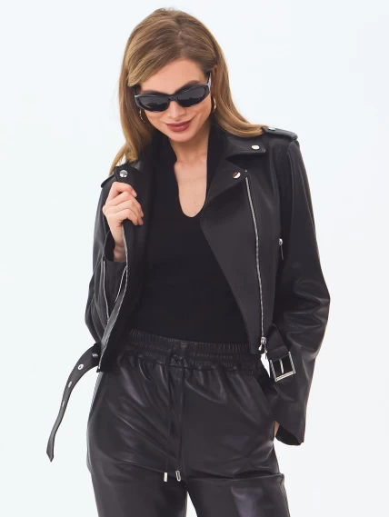 Женская кожаная куртка косуха с поясом премиум класса 3080, черная, размер 42, артикул 24540-3