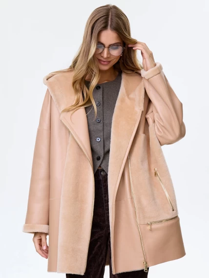 Молодежное полупальто из натуральной овчины для женщин с капюшоном премиум класса 2056, бежевое, размер 52, артикул 64350-1