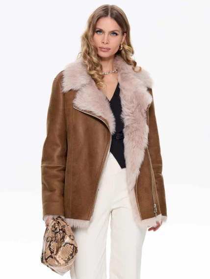 Короткая женская дубленка из тосканы 2068, бежевая, размер 46, артикул 64730-0
