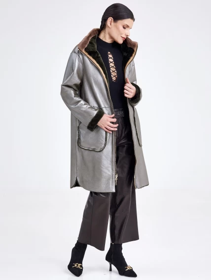 Женская двусторонняя дубленка из астрагана с мехом норки премиум класса 2018, хаки, размер 50, артикул 62770-3