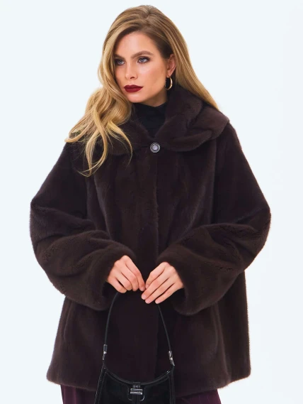 Женская норковая шуба с капюшоном премиум класса Жанета(к), коричневая, размер 58, артикул 34230-0