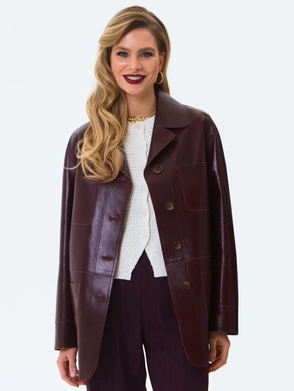 Бордовый женский кожаный пиджак премиум класса 3092, размер 46, артикул 24600-3